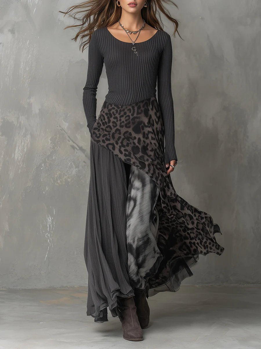 Damen Langarm Maxi-Kleid Rippstrick Leopardenmuster Unregelmäßiger Saum - Grau