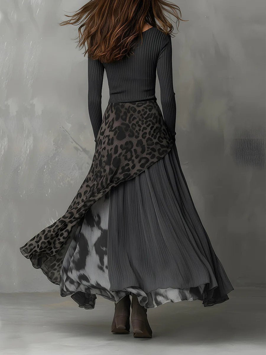 Damen Langarm Maxi-Kleid Rippstrick Leopardenmuster Unregelmäßiger Saum