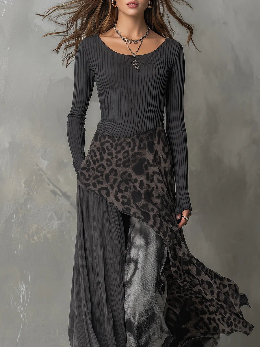 Damen Langarm Maxi-Kleid Rippstrick Leopardenmuster Unregelmäßiger Saum