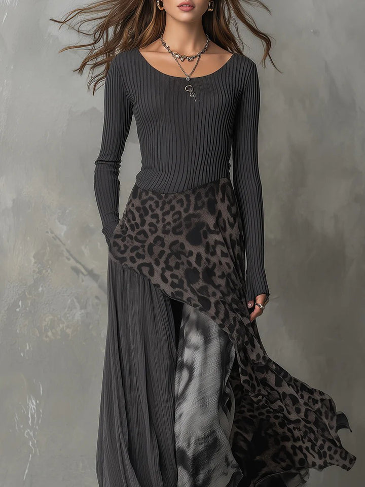 Damen Langarm Maxi-Kleid Rippstrick Leopardenmuster Unregelmäßiger Saum