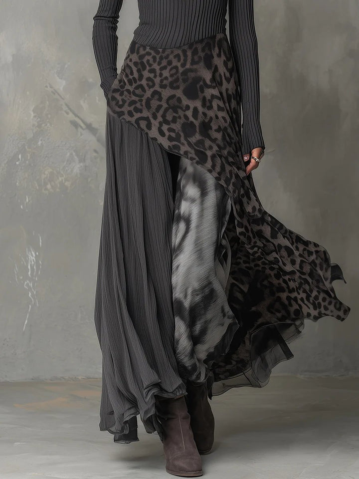 Damen Langarm Maxi-Kleid Rippstrick Leopardenmuster Unregelmäßiger Saum
