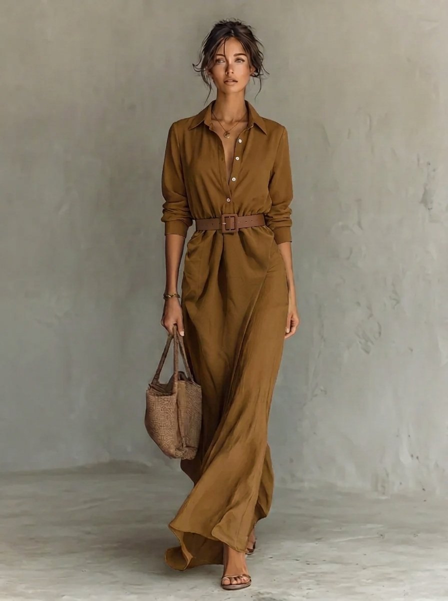 Damen Langarm-Maxikleid figurbetonend tailliert mit Gürtel - Khaki