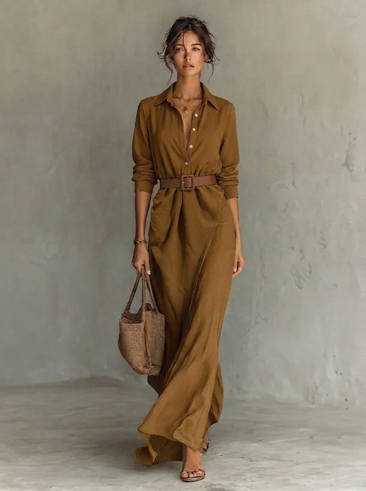 Damen Langarm-Maxikleid figurbetonend tailliert mit Gürtel - Khaki