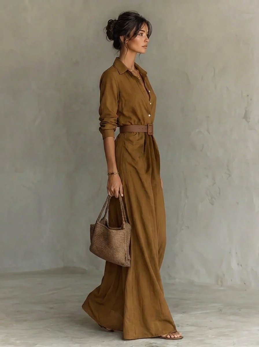 Damen Langarm-Maxikleid figurbetonend tailliert mit Gürtel