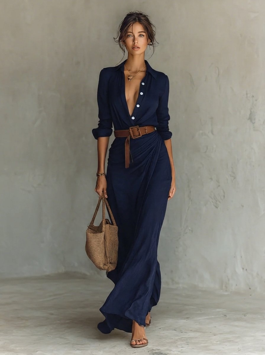Damen Langarm-Maxikleid figurbetonend tailliert mit Gürtel - Marineblau