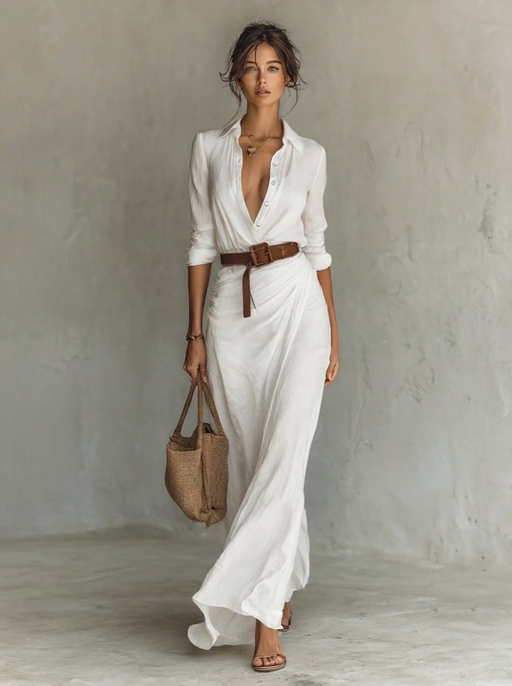 Damen Langarm-Maxikleid figurbetonend tailliert mit Gürtel - Weiß