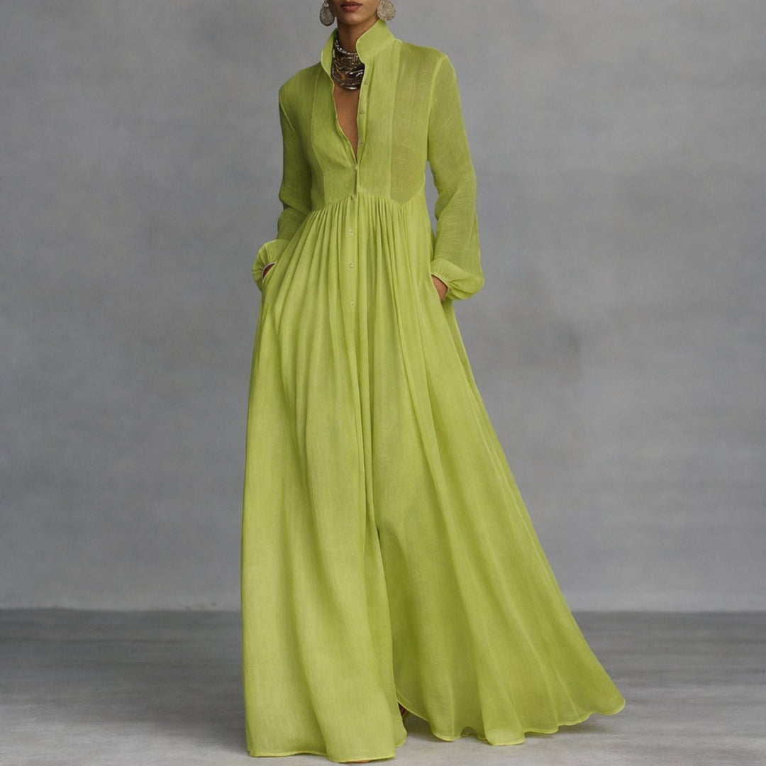 Damen Langarm Maxikleid Fließendes Hemdblusenkleid mit Stehkragen - Grün