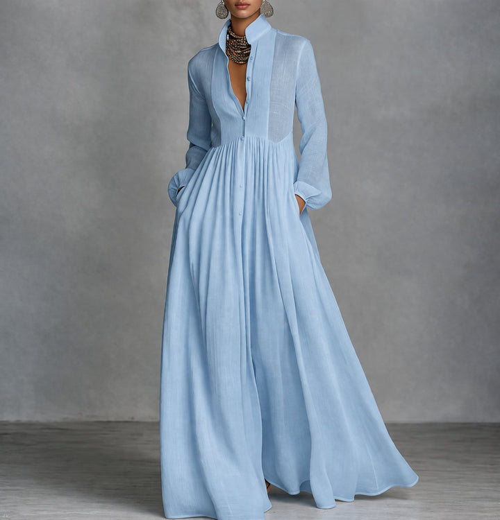 Damen Langarm Maxikleid Fließendes Hemdblusenkleid mit Stehkragen - Hellblau