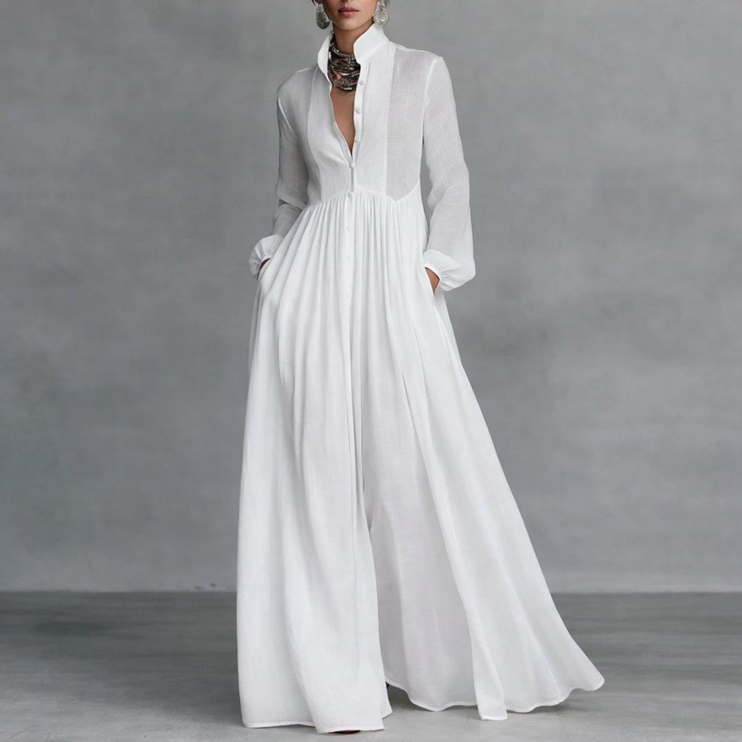 Damen Langarm Maxikleid Fließendes Hemdblusenkleid mit Stehkragen - Weiß