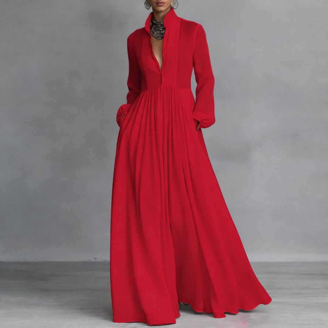 Damen Langarm Maxikleid Fließendes Hemdblusenkleid mit Stehkragen - Rot