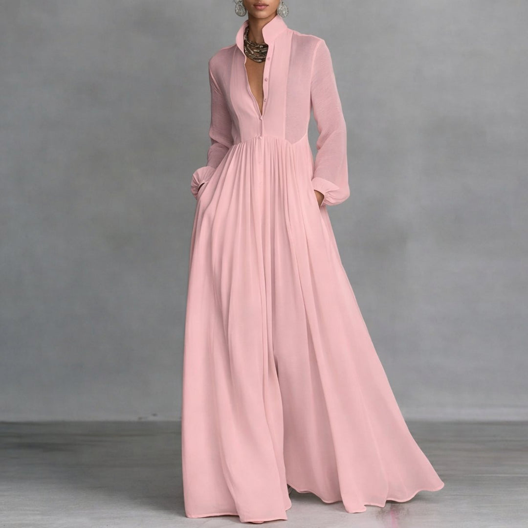 Damen Langarm Maxikleid Fließendes Hemdblusenkleid mit Stehkragen - Pink