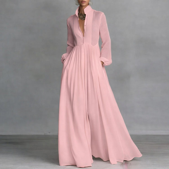 Damen Langarm Maxikleid Fließendes Hemdblusenkleid mit Stehkragen - Pink