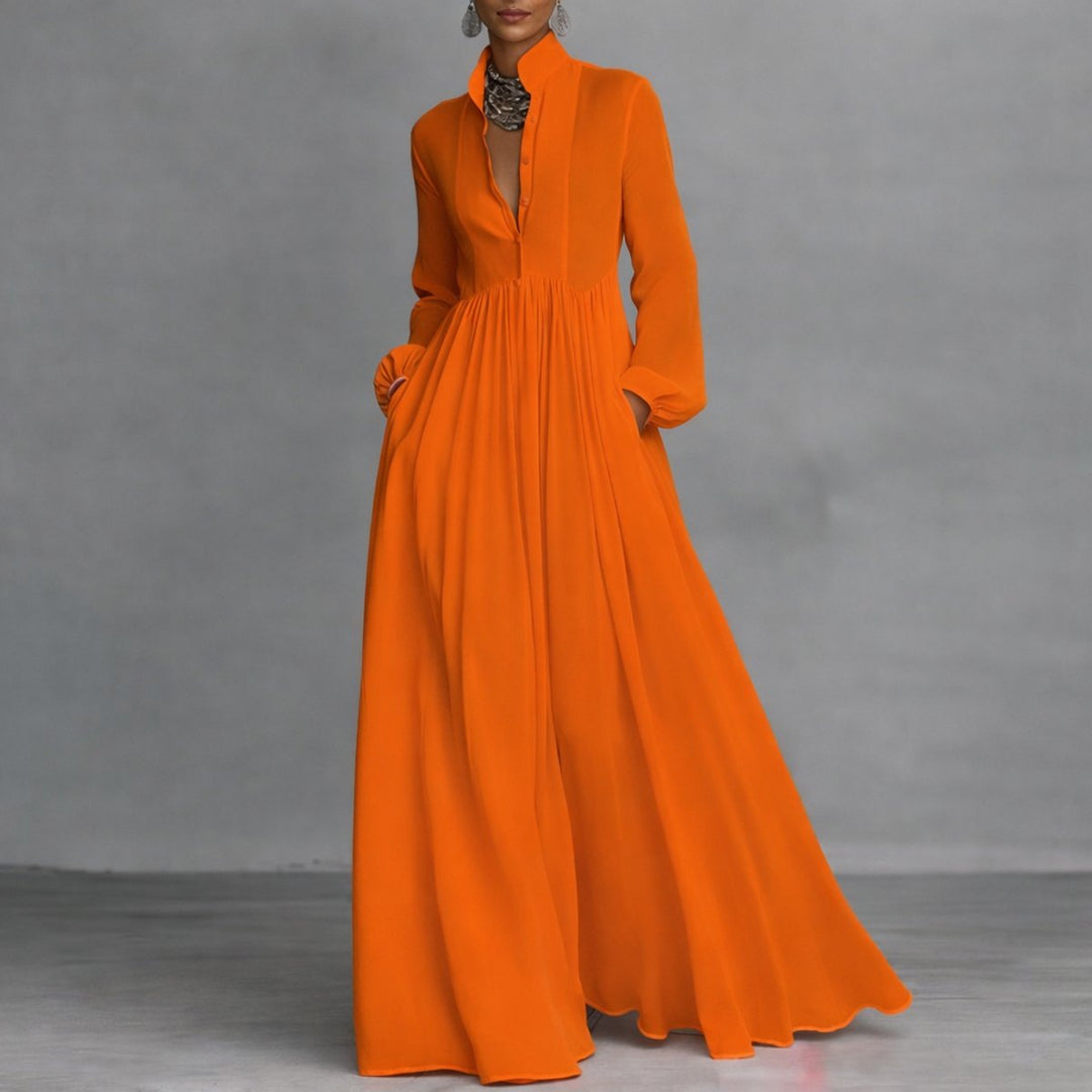 Damen Langarm Maxikleid Fließendes Hemdblusenkleid mit Stehkragen - Orange