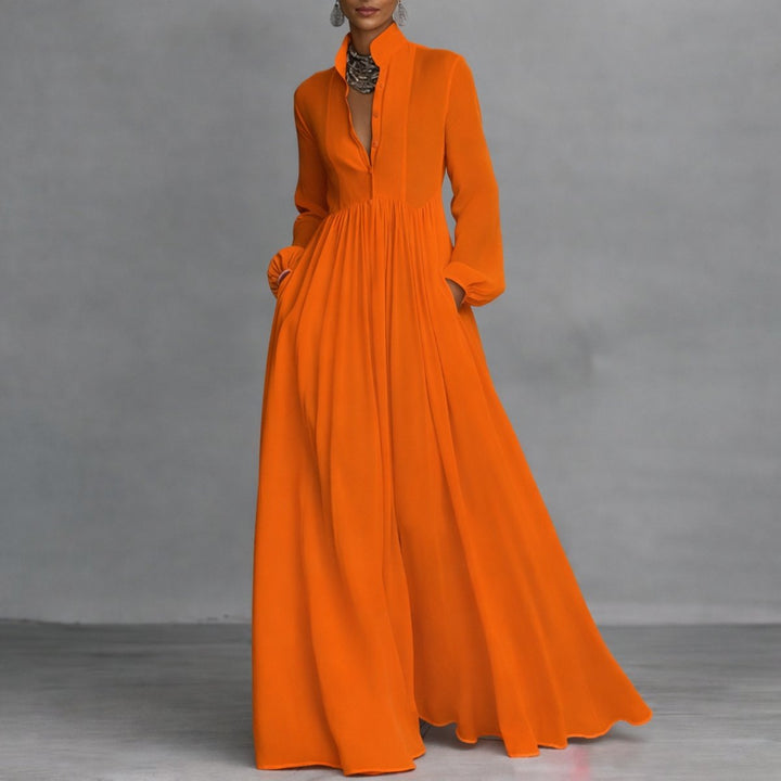 Damen Langarm Maxikleid Fließendes Hemdblusenkleid mit Stehkragen - Orange