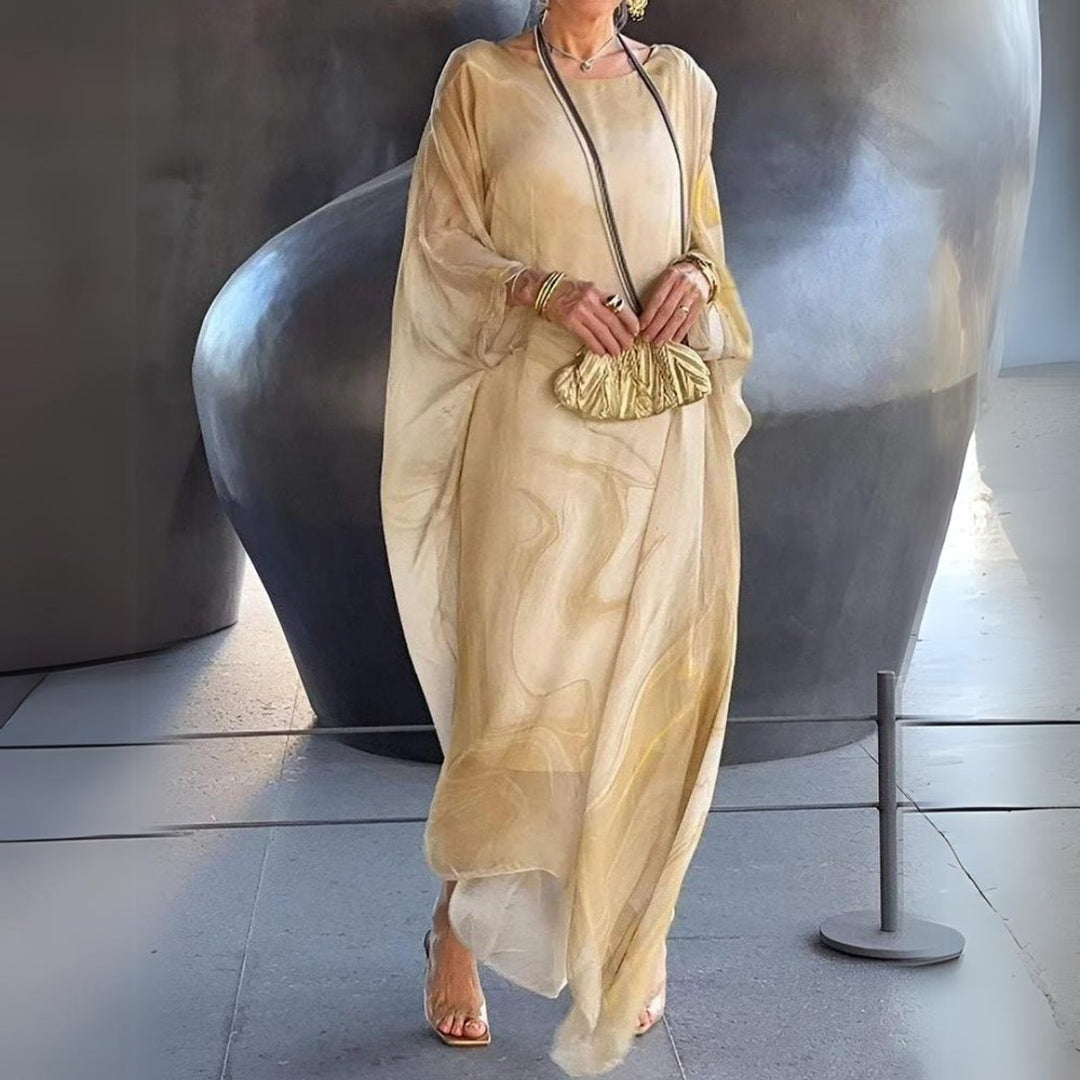 Damen Langarm Maxikleid Fließendes Rundhals Abendkleid - Gelb (Fast ausverkauft)