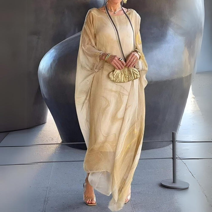 Damen Langarm Maxikleid Fließendes Rundhals Abendkleid - Gelb (Fast ausverkauft)