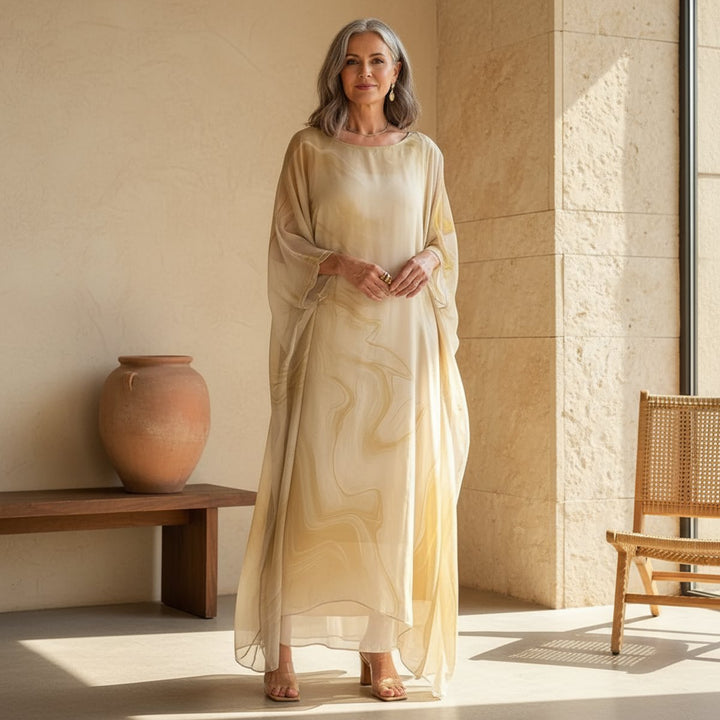 Damen Langarm Maxikleid Fließendes Rundhals Abendkleid