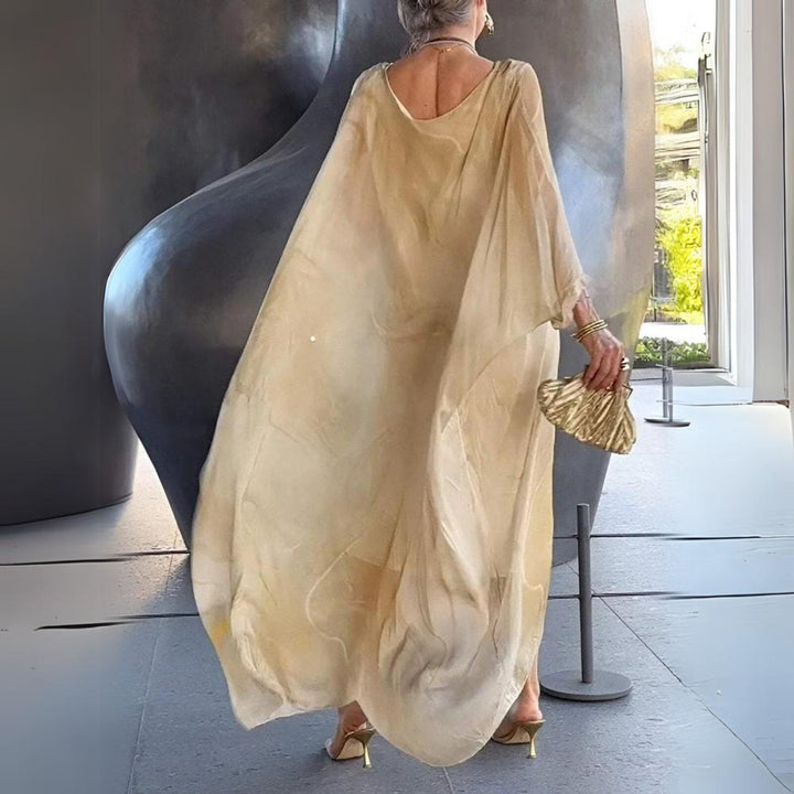 Damen Langarm Maxikleid Fließendes Rundhals Abendkleid