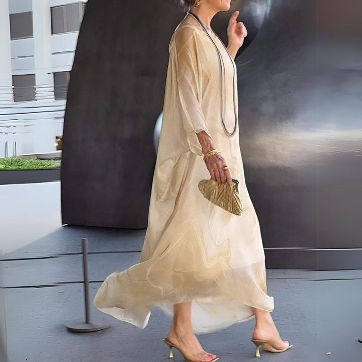 Damen Langarm Maxikleid Fließendes Rundhals Abendkleid