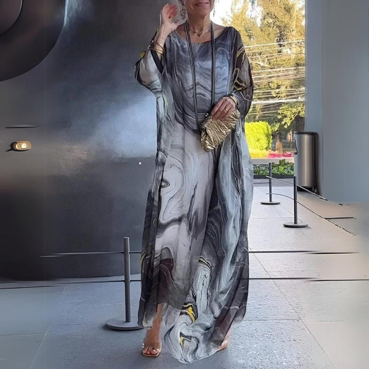 Damen Langarm Maxikleid Fließendes Rundhals Abendkleid - Grau