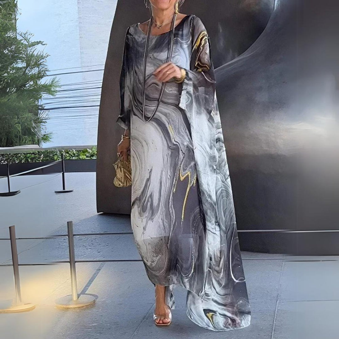 Damen Langarm Maxikleid Fließendes Rundhals Abendkleid