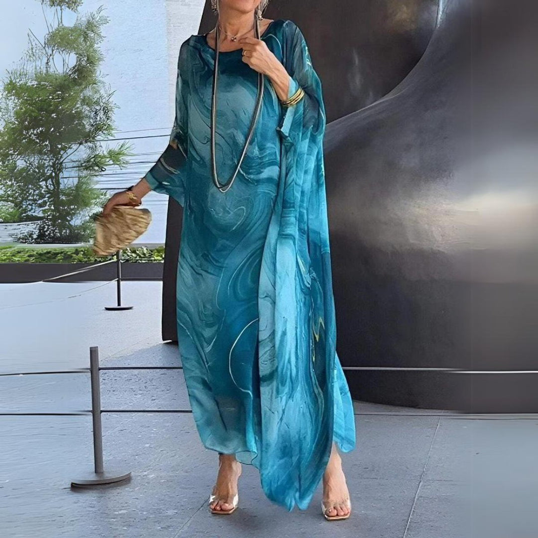 Damen Langarm Maxikleid Fließendes Rundhals Abendkleid - Blau (Fast ausverkauft)