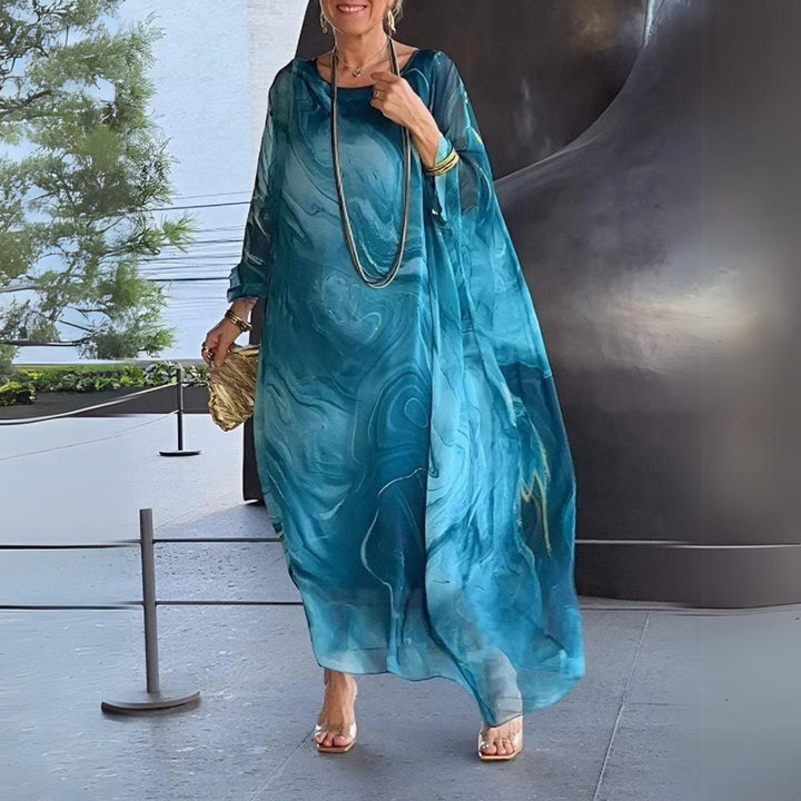 Damen Langarm Maxikleid Fließendes Rundhals Abendkleid