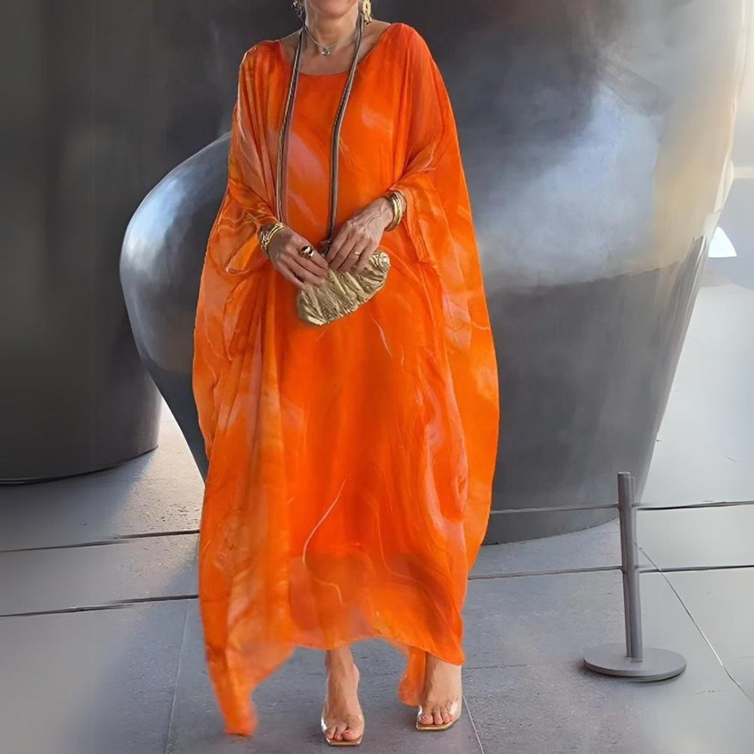 Damen Langarm Maxikleid Fließendes Rundhals Abendkleid - Orange