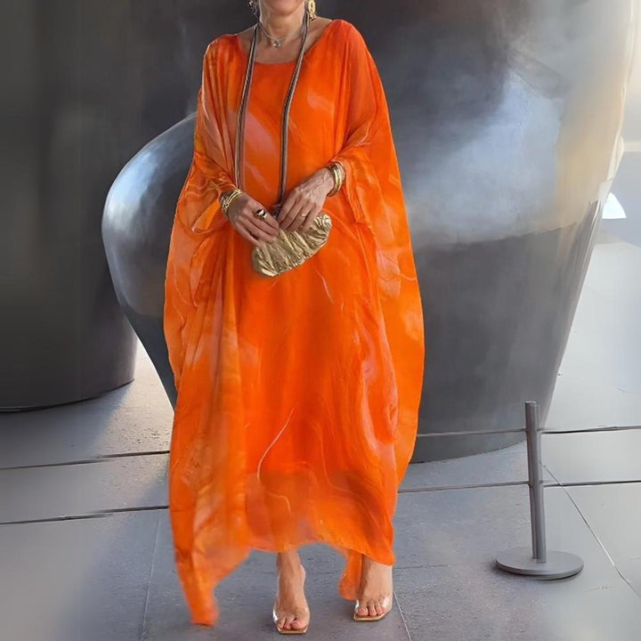 Damen Langarm Maxikleid Fließendes Rundhals Abendkleid - Orange