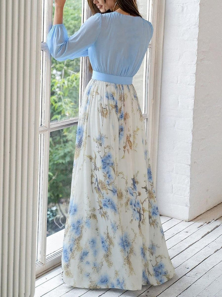 Damen Langarm Maxikleid Florales Chiffon A-Linie tiefer V-Ausschnitt