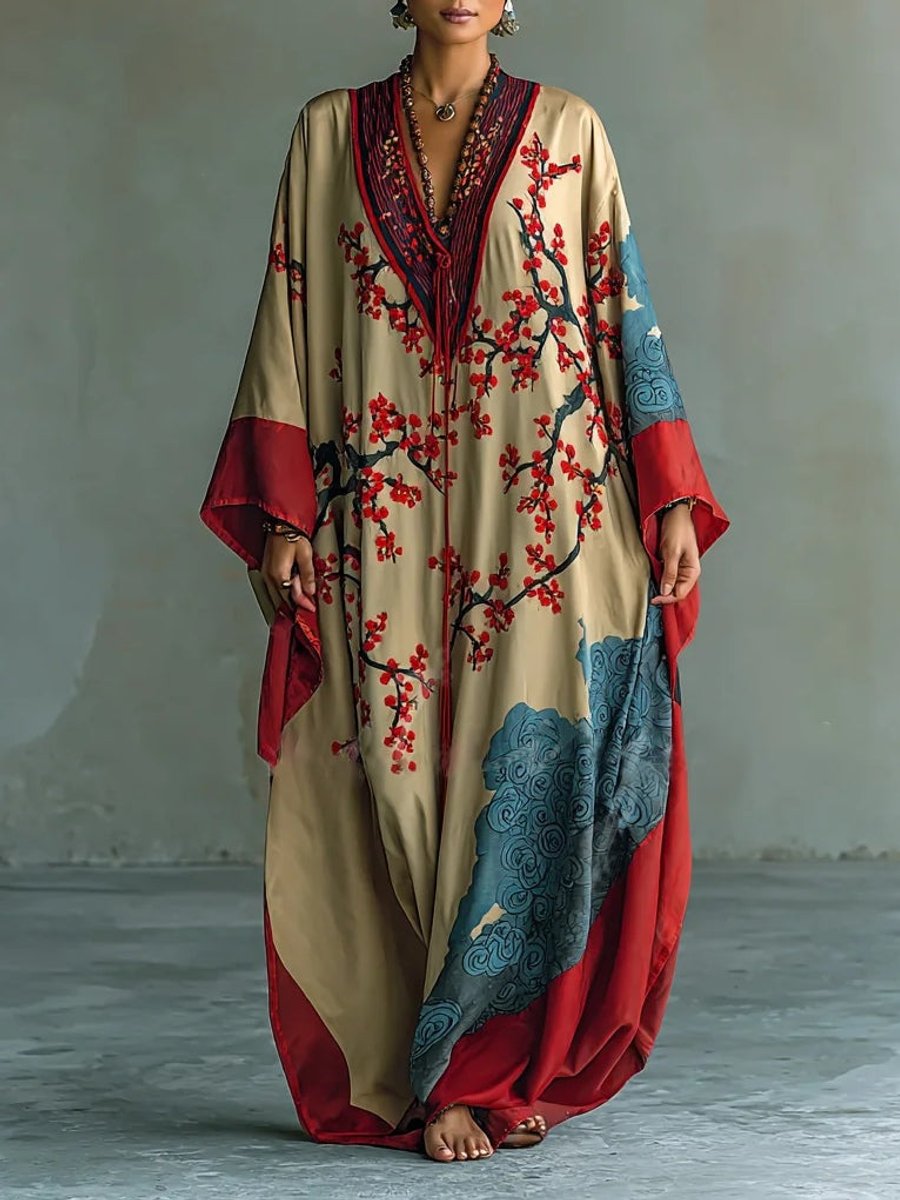Damen Langarm-Maxikleid mit japanischem Pflaumenblüten-Fledermausärmel-Schnitt - Rot
