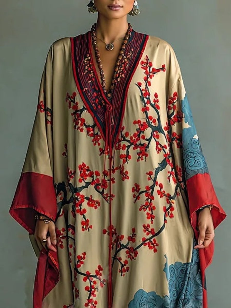 Damen Langarm-Maxikleid mit japanischem Pflaumenblüten-Fledermausärmel-Schnitt