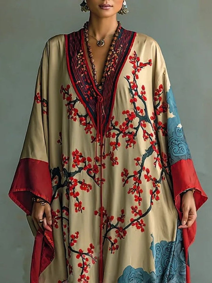Damen Langarm-Maxikleid mit japanischem Pflaumenblüten-Fledermausärmel-Schnitt