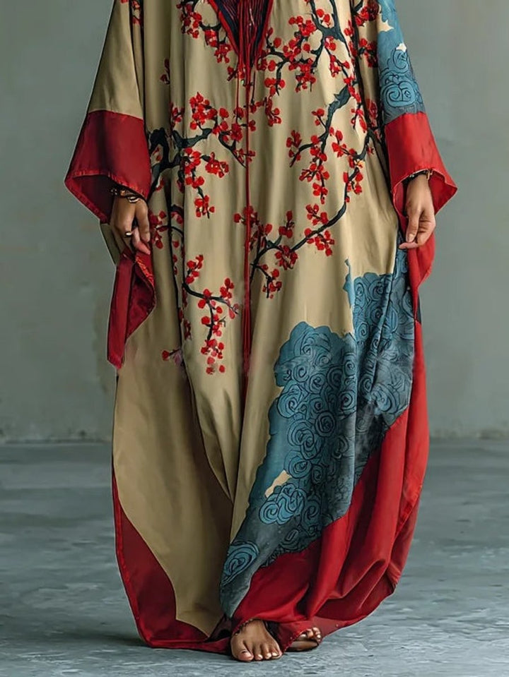 Damen Langarm-Maxikleid mit japanischem Pflaumenblüten-Fledermausärmel-Schnitt
