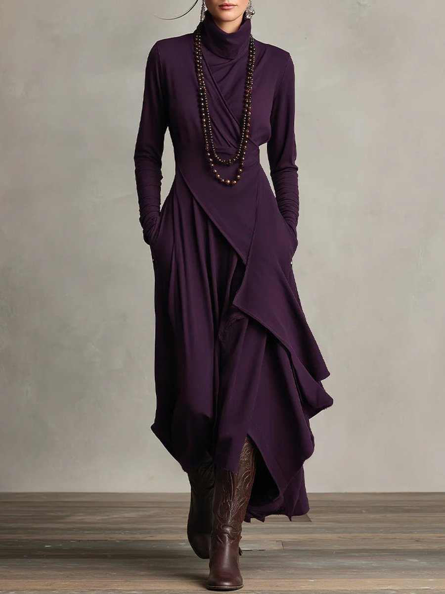 Damen Langarm-Maxikleid mit Rollkragen asymmetrischem Saum - Lila