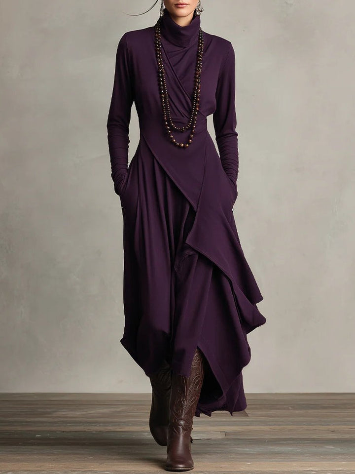 Damen Langarm-Maxikleid mit Rollkragen asymmetrischem Saum - Lila