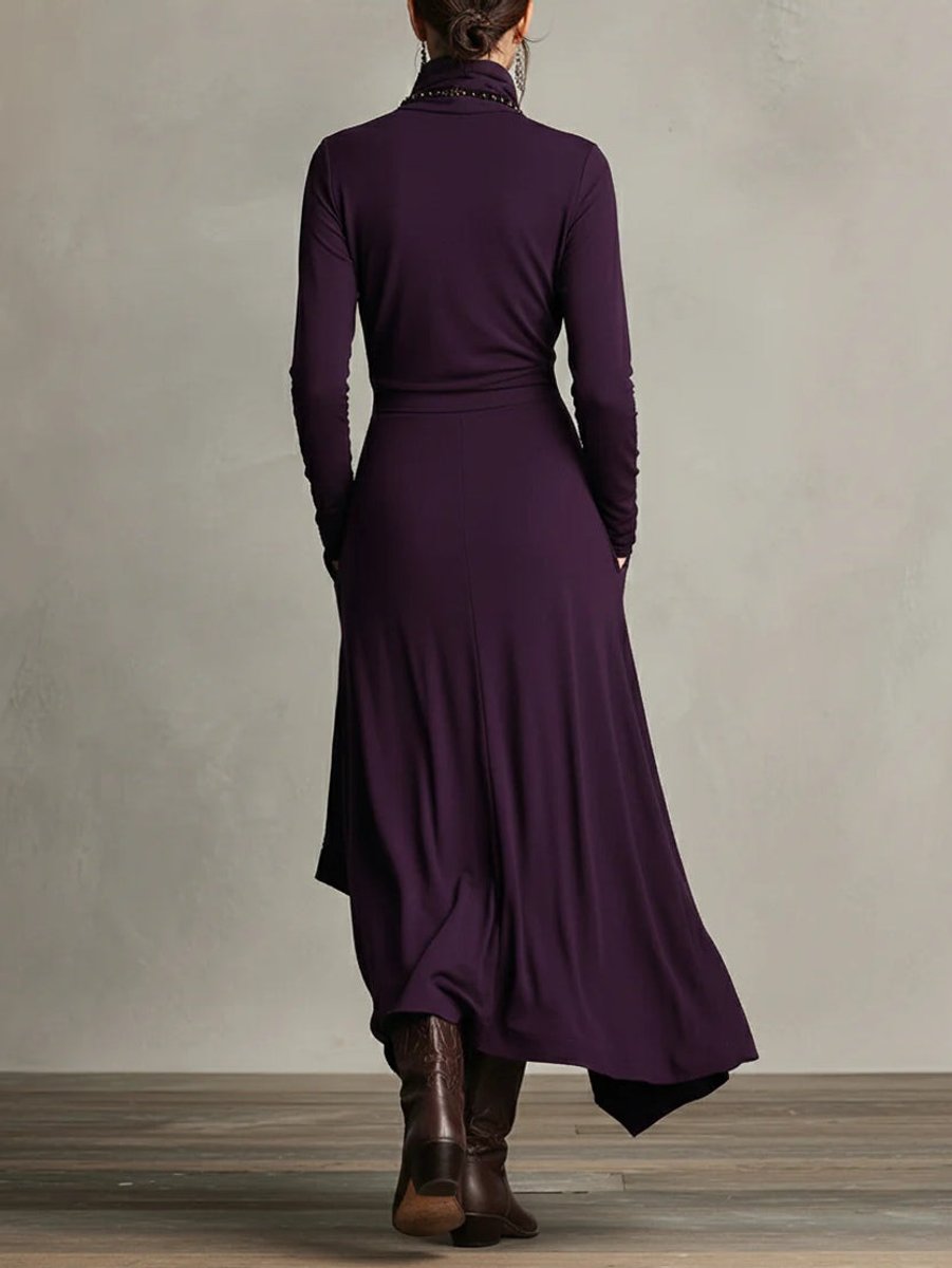 Damen Langarm-Maxikleid mit Rollkragen asymmetrischem Saum