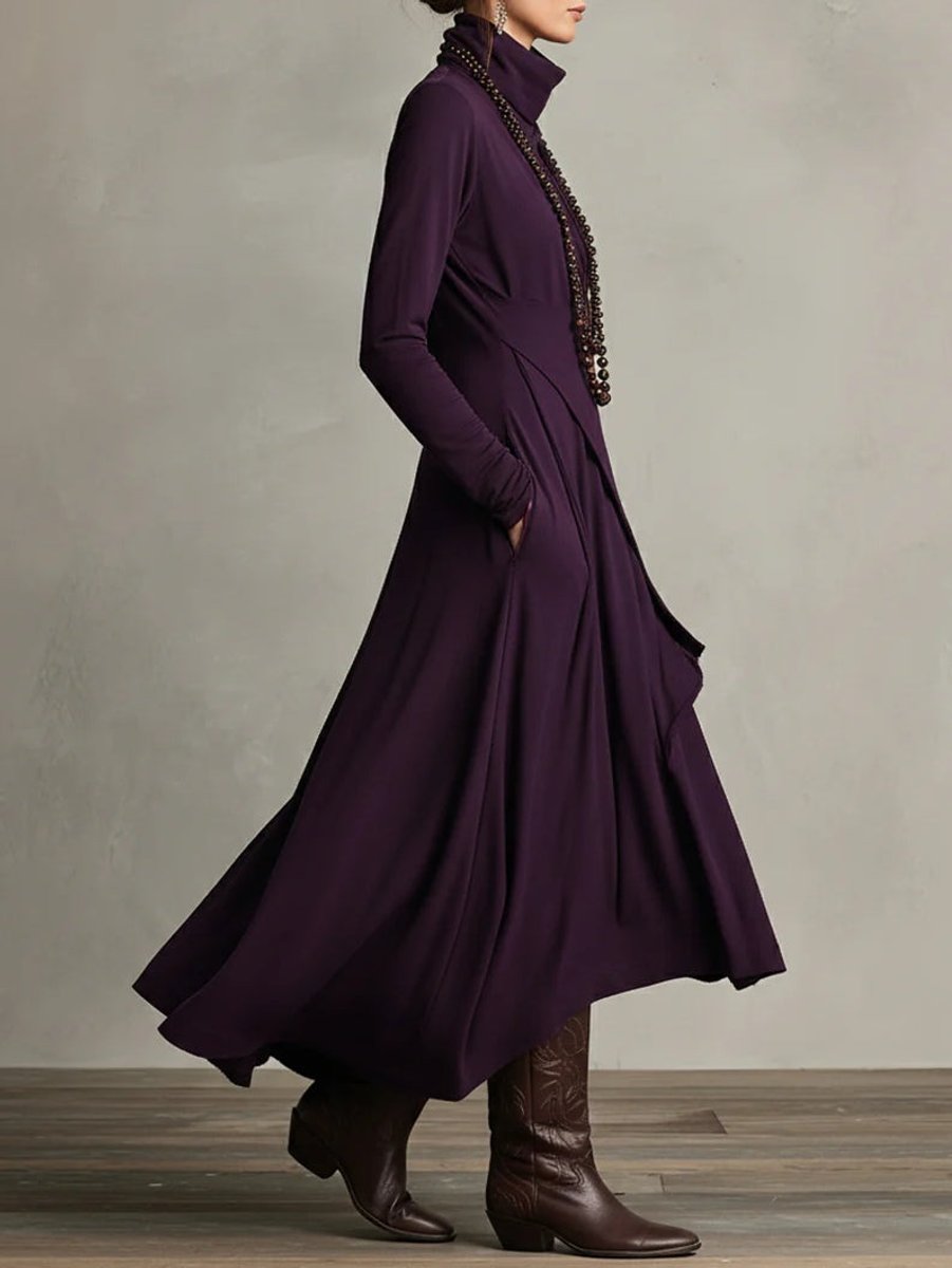 Damen Langarm-Maxikleid mit Rollkragen asymmetrischem Saum