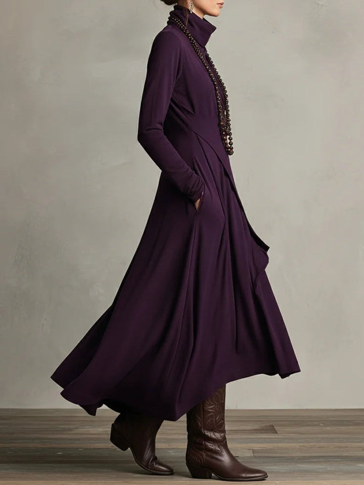 Damen Langarm-Maxikleid mit Rollkragen asymmetrischem Saum