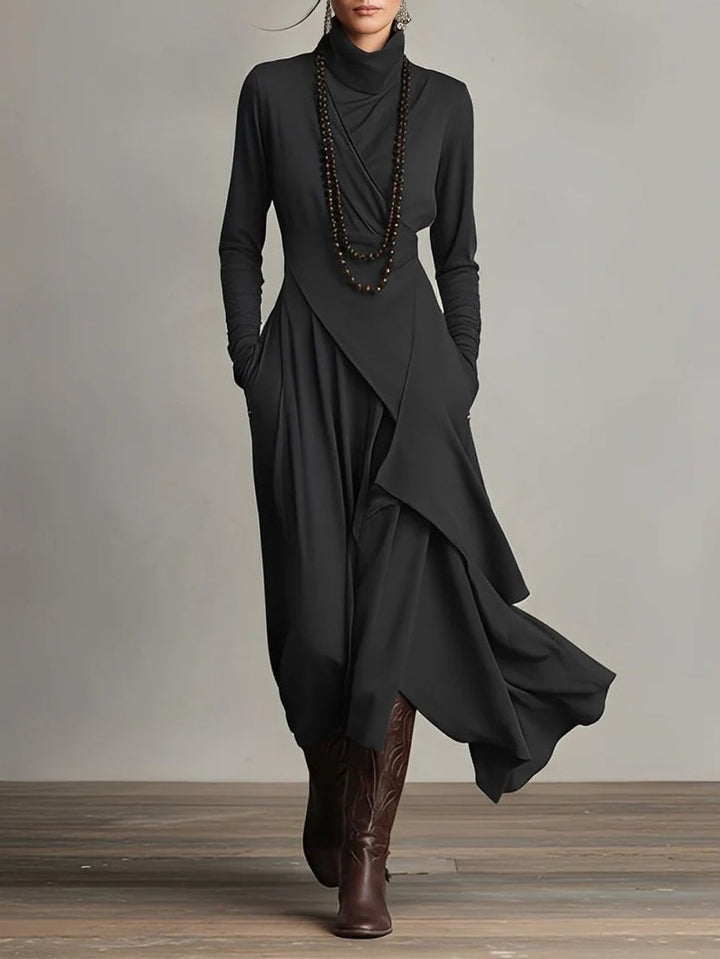 Damen Langarm-Maxikleid mit Rollkragen asymmetrischem Saum - Schwarz