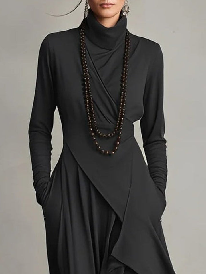 Damen Langarm-Maxikleid mit Rollkragen asymmetrischem Saum