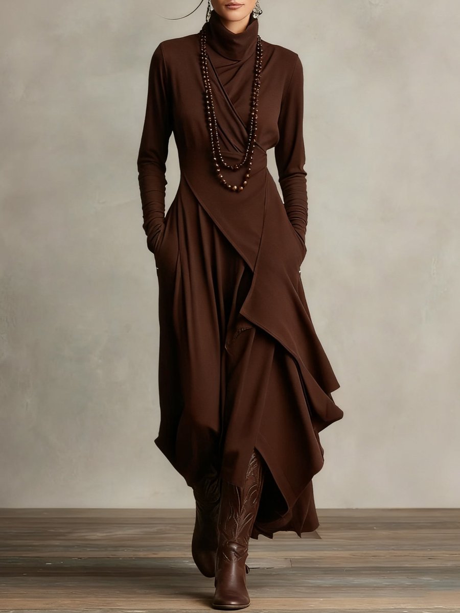 Damen Langarm-Maxikleid mit Rollkragen asymmetrischem Saum - Braun
