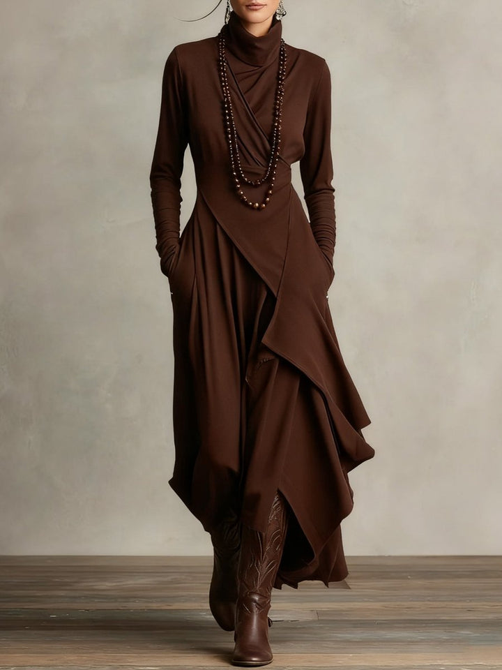 Damen Langarm-Maxikleid mit Rollkragen asymmetrischem Saum - Braun