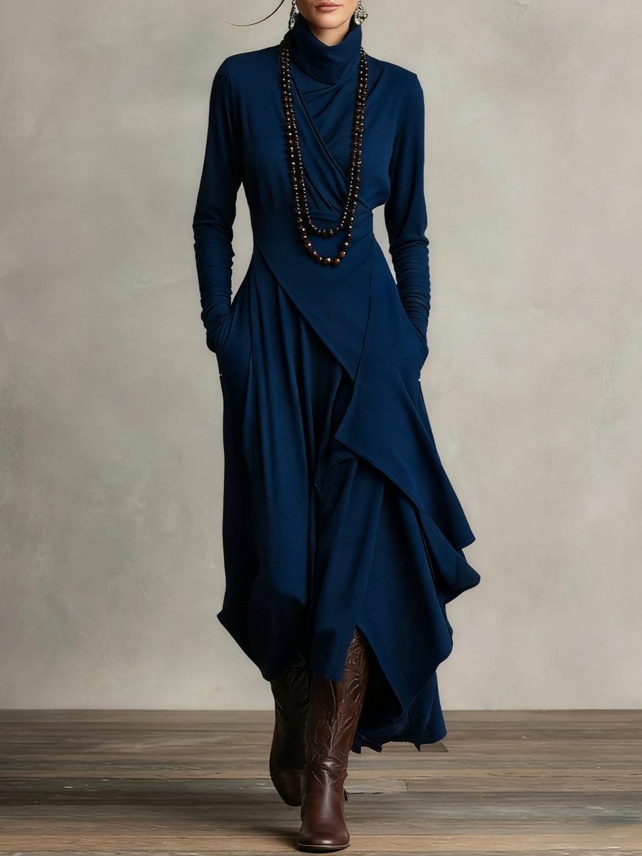 Damen Langarm-Maxikleid mit Rollkragen asymmetrischem Saum - Marineblau