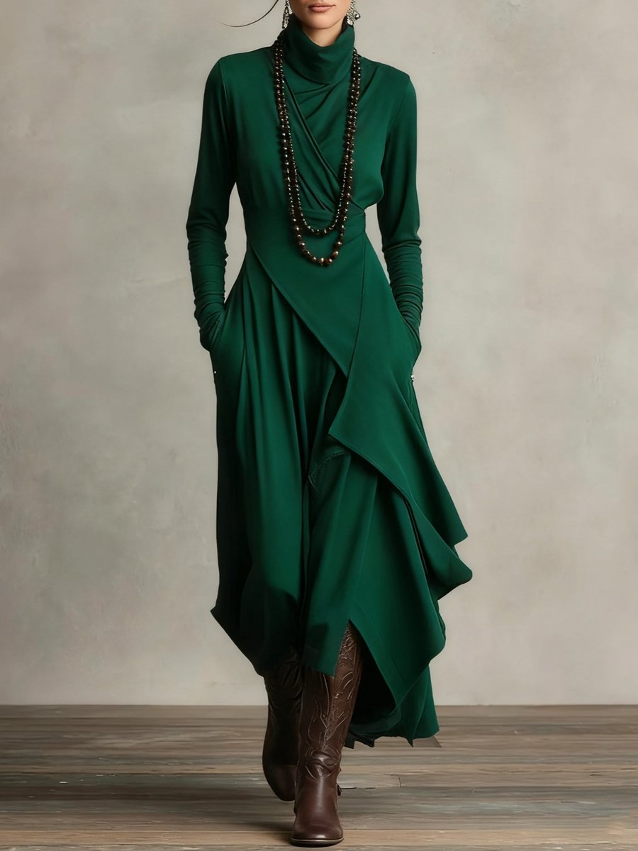Damen Langarm-Maxikleid mit Rollkragen asymmetrischem Saum - Grün