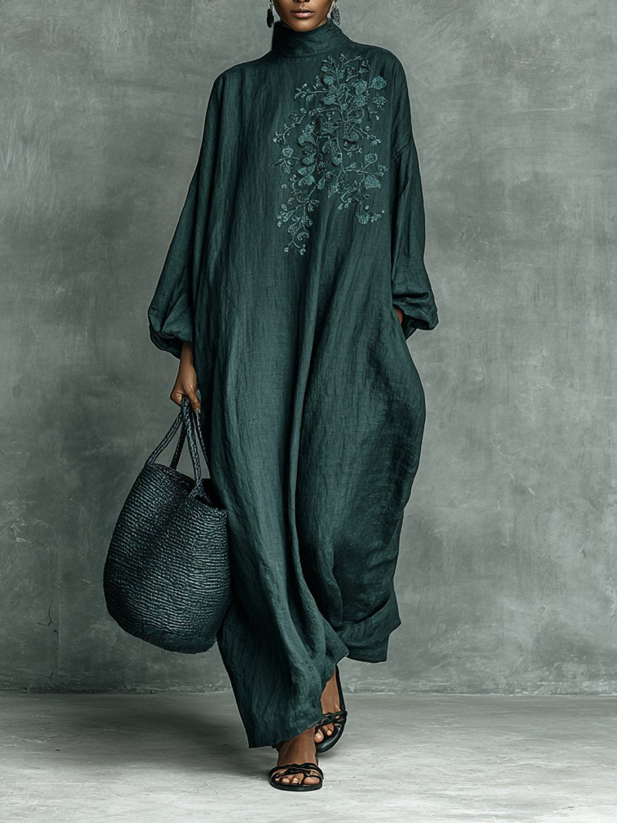 Damen Langarm-Maxikleid mit Stickerei und Stehkragen