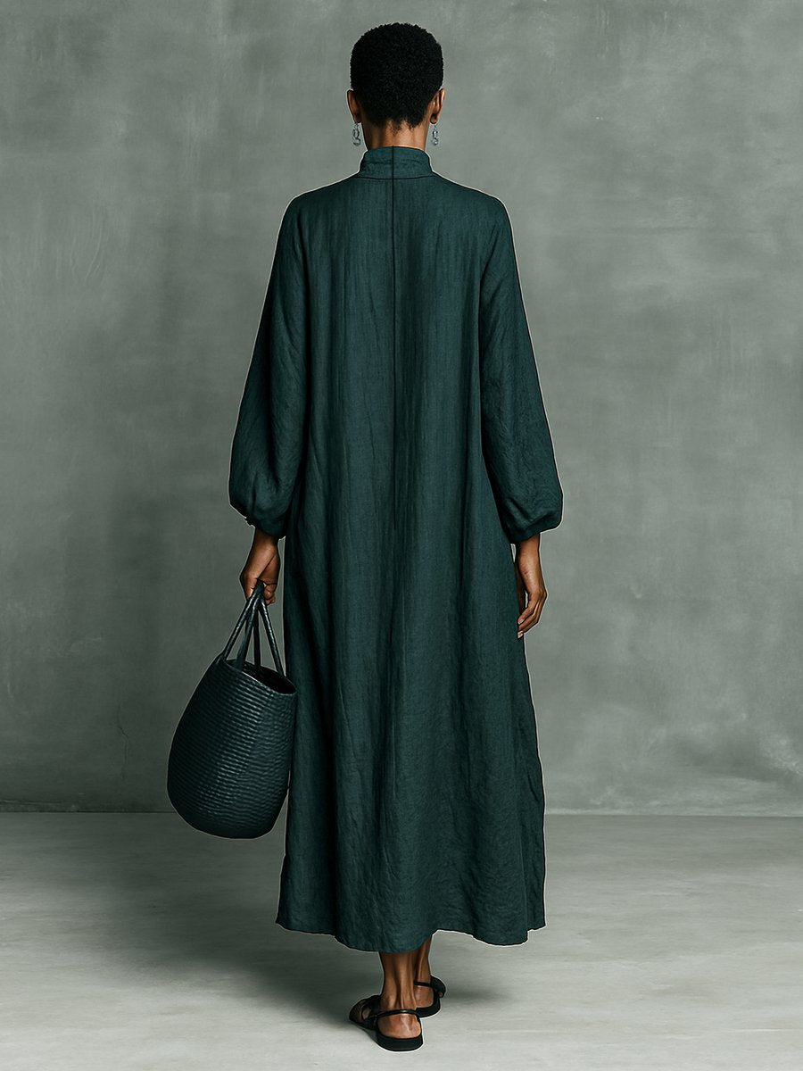 Damen Langarm-Maxikleid mit Stickerei und Stehkragen