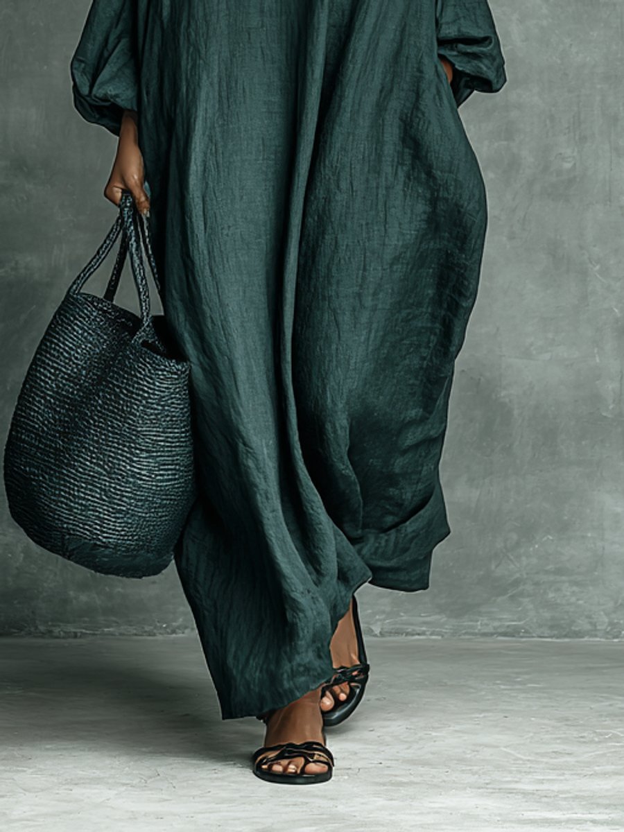 Damen Langarm-Maxikleid mit Stickerei und Stehkragen