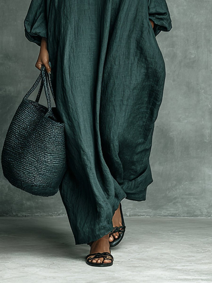 Damen Langarm-Maxikleid mit Stickerei und Stehkragen