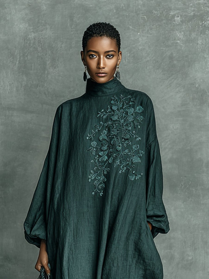 Damen Langarm-Maxikleid mit Stickerei und Stehkragen